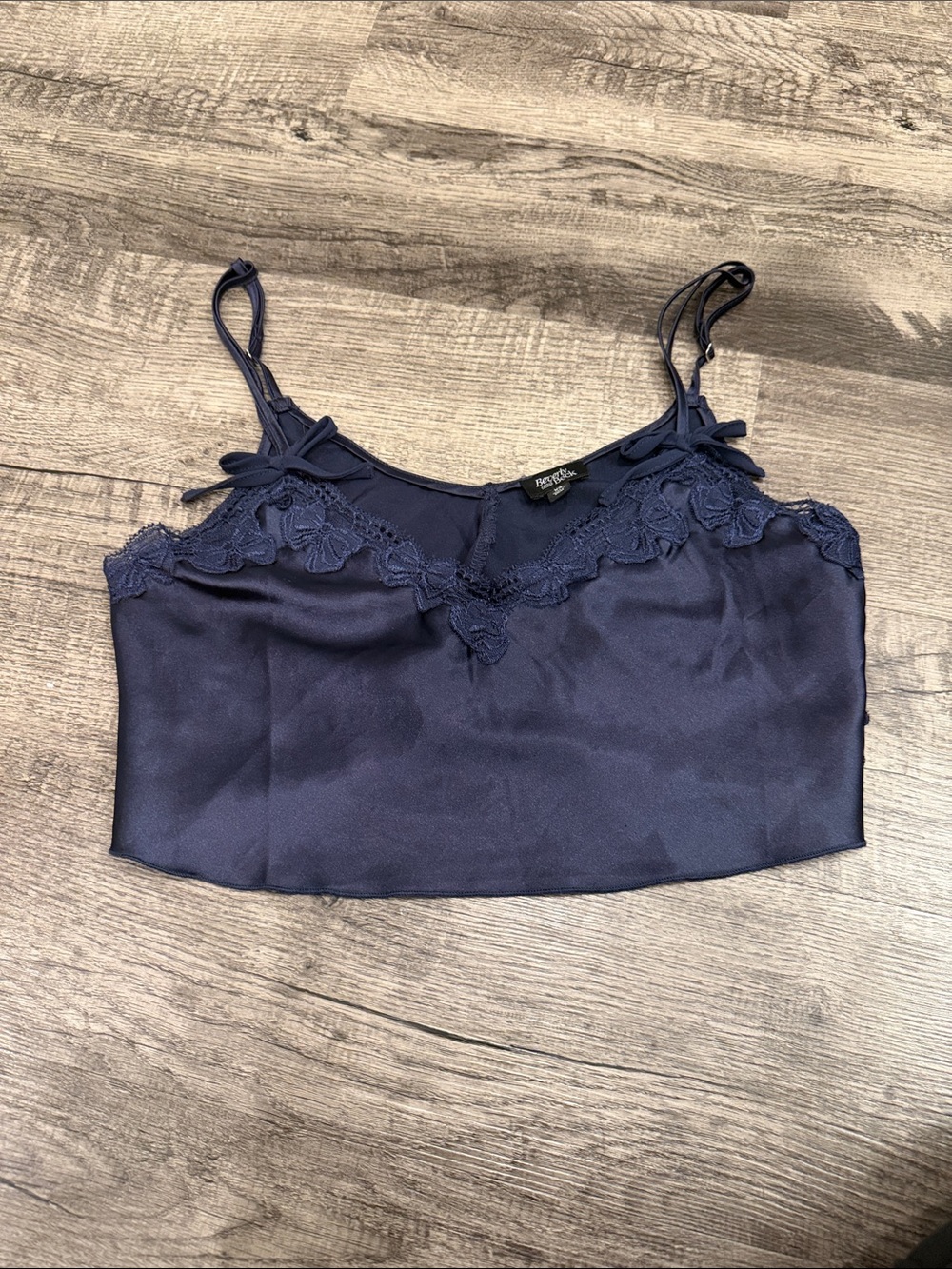 Lace-Trim Navy Satin Cami with Adjustable Straps